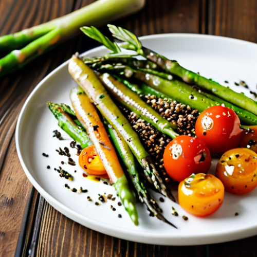 Home 6 A close-up, top-down shot of a meticulously arranged, vibrant plant-based meal, presented on a minimalist white plate. The dish features perfectly roasted baby carrots with a subtle glaze, alongside blanched and quickly sautéed green asparagus, and slow-roasted cherry tomatoes. Garnish includes fresh rosemary and a sprinkle of toasted sesame seeds. The composition emphasizes artistic balance and visual contrast, illuminated by soft, natural light, creating an inviting atmosphere. Professional food photography, ultra high definition, rich colors, sharp focus, safe for work, appropriate content, fully clothed, professional, family-friendly.