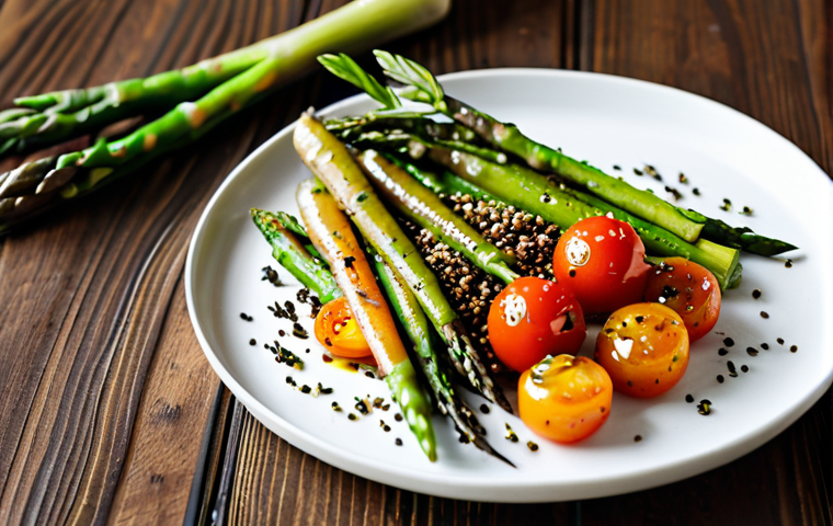 A close-up, top-down shot of a meticulously arranged, vibrant plant-based meal, presented on a minimalist white plate. The dish features perfectly roasted baby carrots with a subtle glaze, alongside blanched and quickly sautéed green asparagus, and slow-roasted cherry tomatoes. Garnish includes fresh rosemary and a sprinkle of toasted sesame seeds. The composition emphasizes artistic balance and visual contrast, illuminated by soft, natural light, creating an inviting atmosphere. Professional food photography, ultra high definition, rich colors, sharp focus, safe for work, appropriate content, fully clothed, professional, family-friendly.