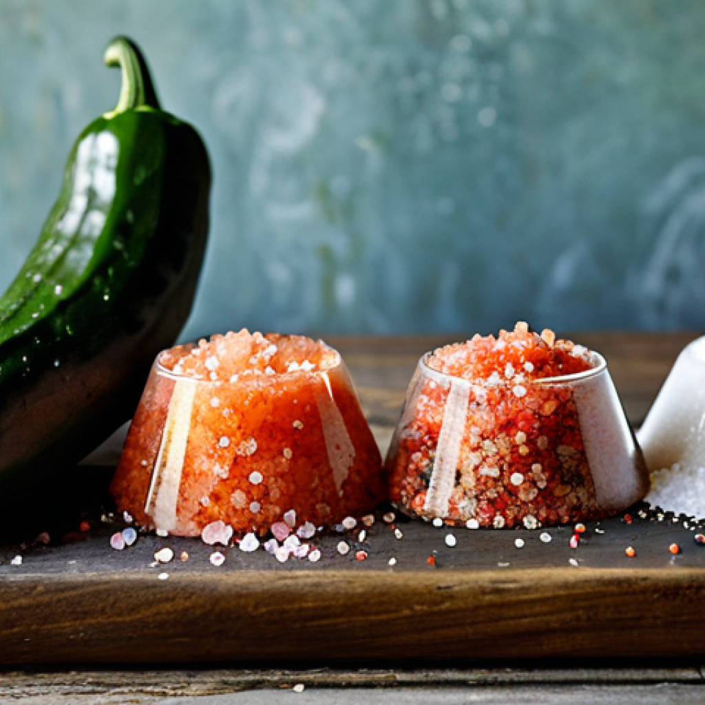 Gourmet Salts for Vegetables**

"A beautifully styled close-up shot showcasing an assortment of gourmet salts (Himalayan pink salt, smoked salt, herb-infused salt) arranged around a selection of fresh, colorful vegetables (tomatoes, cucumbers, bell peppers). The scene is set on a rustic wooden table with soft, natural lighting. fully clothed, safe for work, appropriate content, professional food photography, perfect anatomy, natural proportions, high quality, family-friendly."

**