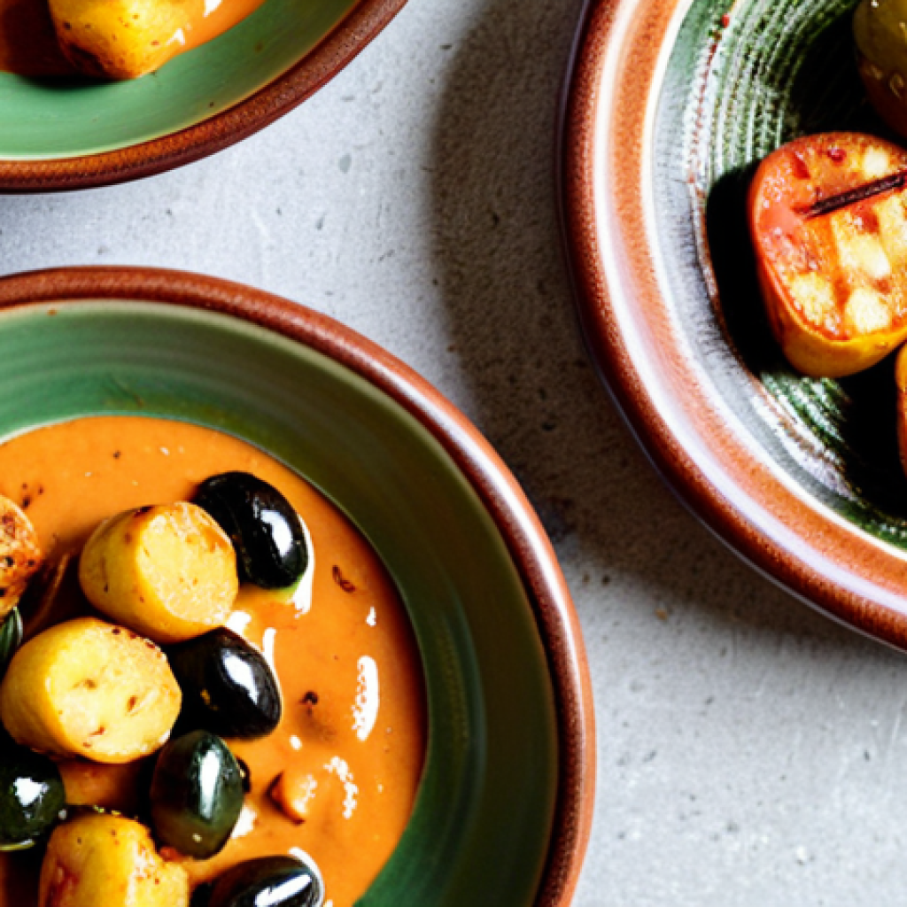**
"A vibrant, close-up shot of colorful vegan tapas, including patatas bravas with a creamy cashew sauce, grilled padrón peppers, and marinated olives. Served on rustic terracotta plates. Natural light, high resolution, appetizing, cocina vegana española."
**