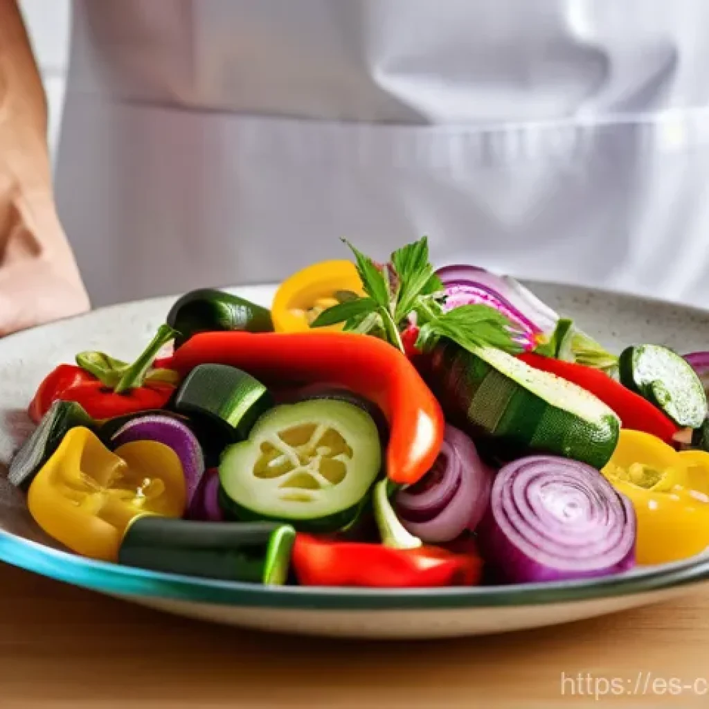 비건 요리에서의 풍미를 위한 마리네이드 - **A professional chef's hands, wearing a clean, light-colored apron, are meticulously tossing a vibr...
