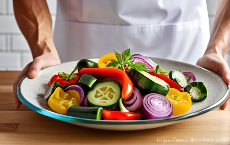 비건 요리에서의 풍미를 위한 마리네이드 - **A professional chef's hands, wearing a clean, light-colored apron, are meticulously tossing a vibr...