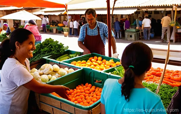 채식 요리에서의 신선한 재료 활용법 - **Vibrant Local Farmers' Market Scene:**
A bustling outdoor farmers' market in a sun-drenched Sp...