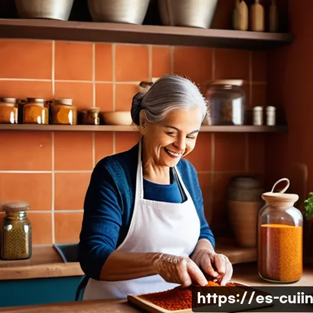 채식 요리에서의 스파이스 믹스 활용법 - A vibrant, cozy Spanish kitchen scene featuring an elderly woman preparing a traditional vegetarian ...