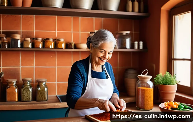 채식 요리에서의 스파이스 믹스 활용법 - A vibrant, cozy Spanish kitchen scene featuring an elderly woman preparing a traditional vegetarian ...