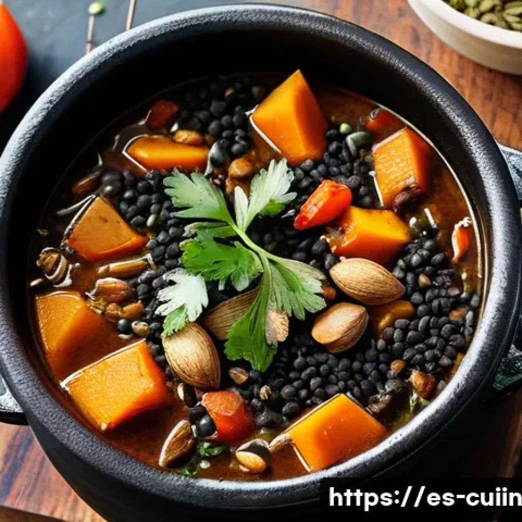 비건 스튜에 풍미를 더하는 비밀 재료 - A rustic kitchen scene featuring a slow-cooked vegan stew simmering in a traditional clay pot, surro...
