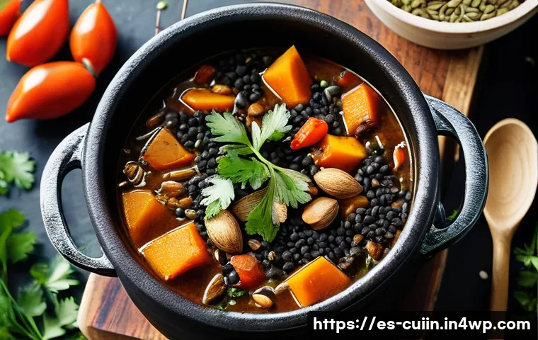 비건 스튜에 풍미를 더하는 비밀 재료 - A rustic kitchen scene featuring a slow-cooked vegan stew simmering in a traditional clay pot, surro...