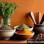 Home 22 채식 요리의 맛을 높이는 기본 재료 - A vibrant, rustic kitchen scene featuring a wooden table adorned with fresh whole spices like cumin ...