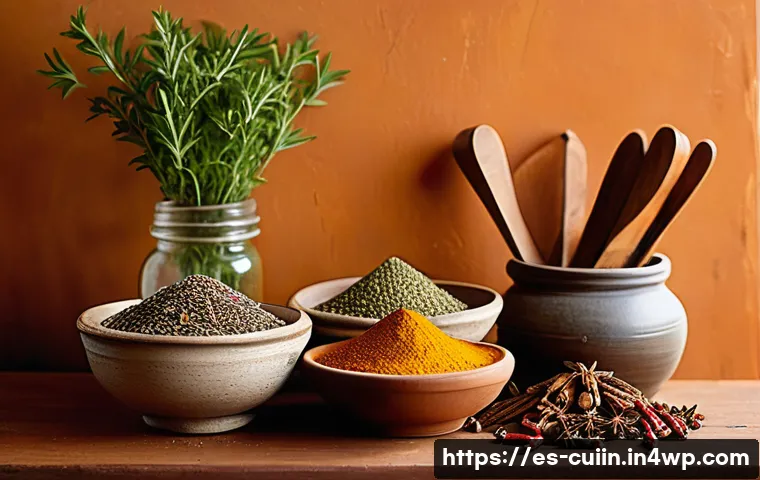 채식 요리의 맛을 높이는 기본 재료 - A vibrant, rustic kitchen scene featuring a wooden table adorned with fresh whole spices like cumin ...