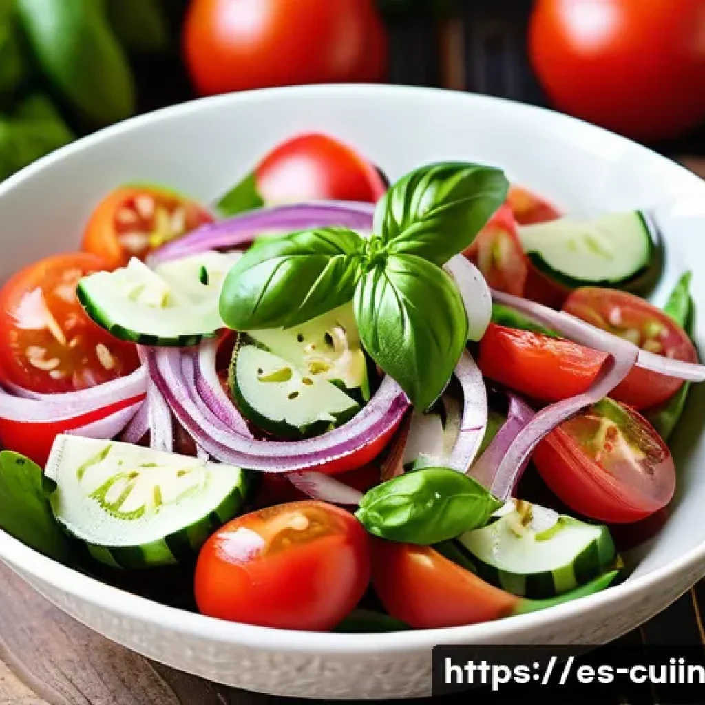 채식 요리의 매력을 살리는 향미 조합 - A vibrant Mediterranean vegetarian salad featuring fresh tomatoes, crisp cucumbers, and thinly slice...