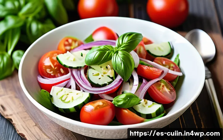채식 요리의 매력을 살리는 향미 조합 - A vibrant Mediterranean vegetarian salad featuring fresh tomatoes, crisp cucumbers, and thinly slice...