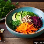 Home 19 맛있는 채식 요리를 위한 퓨전 레시피 - A vibrant vegan bowl featuring a colorful assortment of fresh vegetables including bright orange gra...