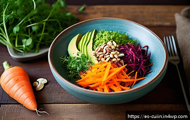 맛있는 채식 요리를 위한 퓨전 레시피 - A vibrant vegan bowl featuring a colorful assortment of fresh vegetables including bright orange gra...