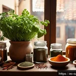 Home 18 채식 요리의 맛을 살리는 조리 팁 - A vibrant, rustic kitchen scene featuring a wooden table with an assortment of toasted spices like c...