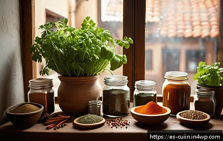 채식 요리의 맛을 살리는 조리 팁 - A vibrant, rustic kitchen scene featuring a wooden table with an assortment of toasted spices like c...