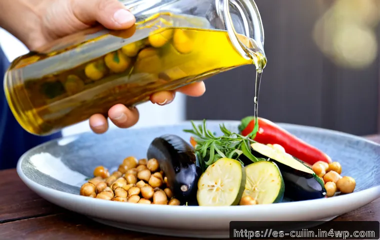 Home 17 채식 요리의 맛을 높이는 오일 활용법 - Photorealistic Spanish home kitchen, close-up of a cook’s hands drizzling golden extra virgin olive ...
