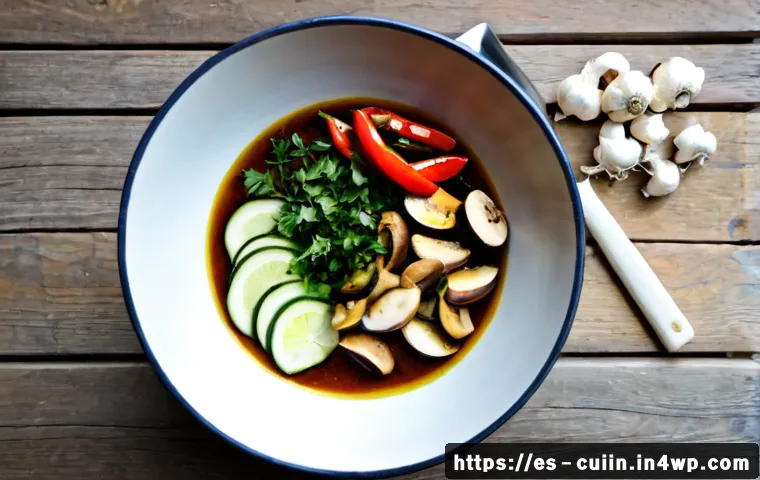 채식 요리의 맛을 살리는 마리네이드 방법 - Photorealistic overhead kitchen scene of a colorful vegetarian marinade in a rustic ceramic bowl, ol...