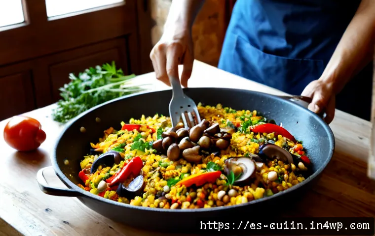Home 17 비건 요리에서의 풍미를 살리는 팁 - Photorealistic Mediterranean vegan kitchen scene, close-up of a rustic wooden table with a sizzling ...